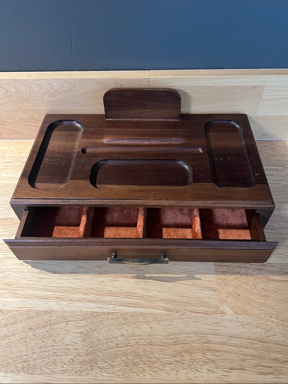 Vintage Wooden Valet Organizer - Dark Brown rust velvet interior storage